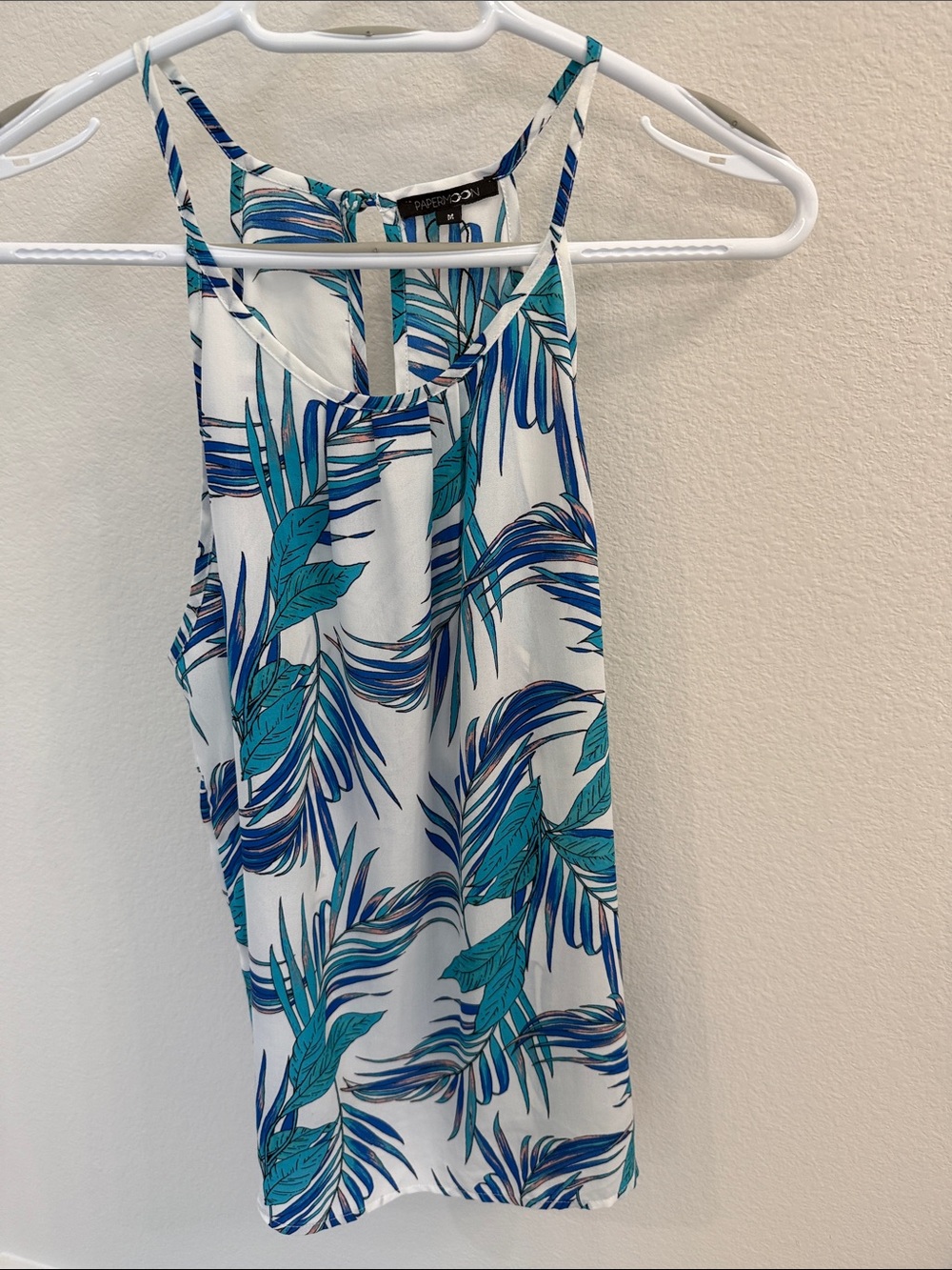 Papermoon White Tank Top with Blue & Teal Tropical Leaf Print